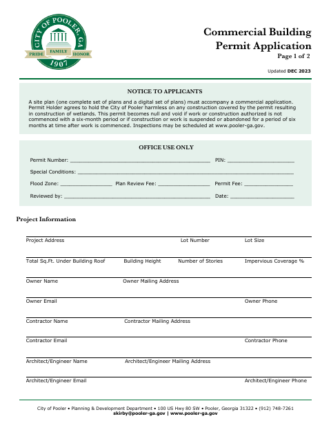 First page of the Commercial Building Permit Application