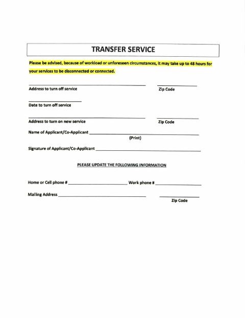 First page of the Transfer Service Form