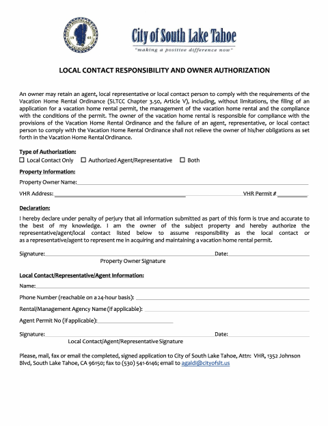 First page of the Local Contact Authorization Form
