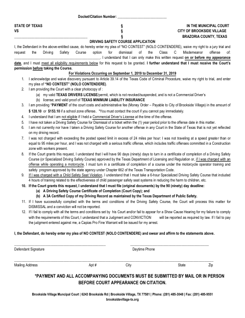 First page of the Driving Safety Course Application