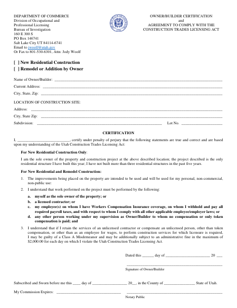 First page of the Owner/Builder Certification