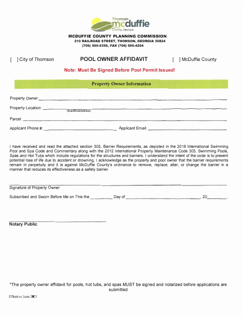 First page of the Pool Owner Affidavit