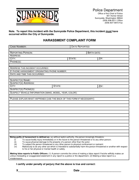 First page of the Harassment Complaint Form