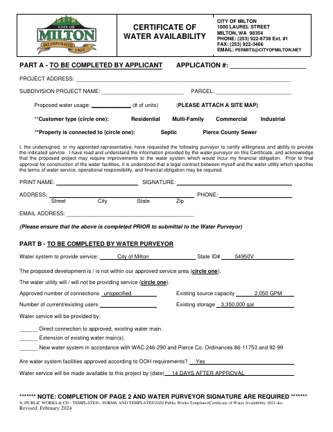 First page of the Certificate of Water Availability