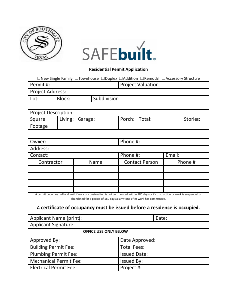 First page of the Residential Permit Application