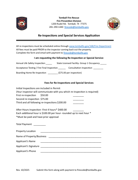 First page of the Re-Inspections and Special Services Application