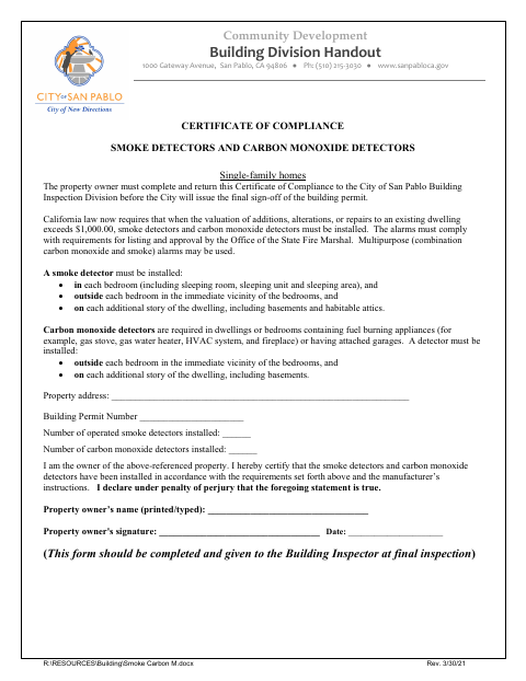 First page of the Certificate of Compliance for Smoke and Carbon Monoxide Detectors