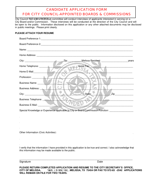 First page of the Boards and Commissions Candidate Application