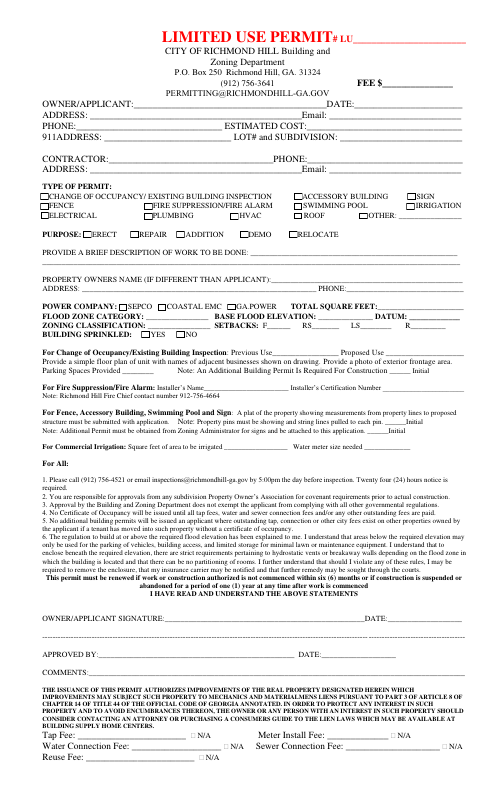 First page of the Limited Use Permit Application