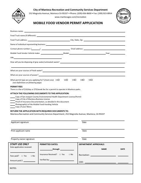 First page of the Mobile Food Vendor Permit Application
