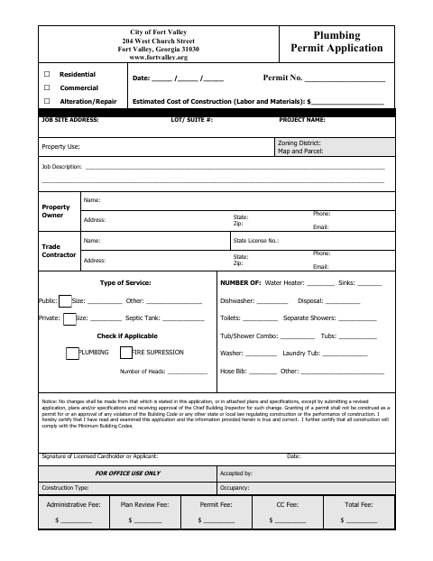 First page of the Plumbing Permit Application