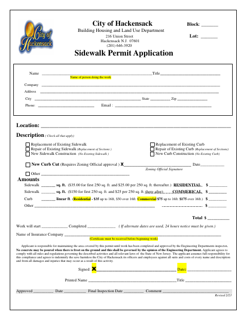 First page of the Sidewalk Permit Application