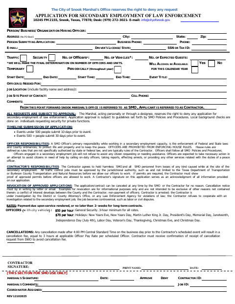 First page of the Secondary Employment Application