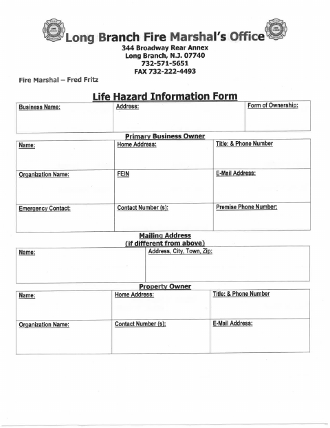 First page of the Life Hazard Use Registration Form