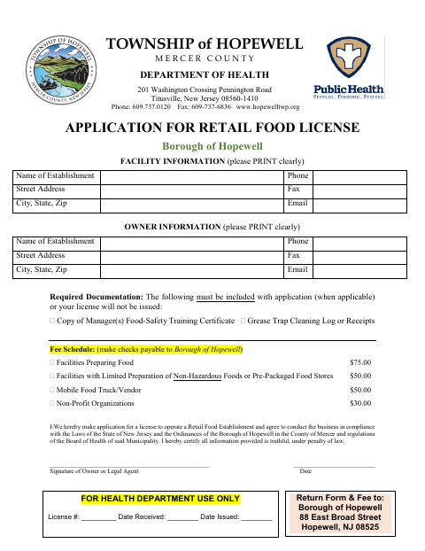 First page of the Application for Retail Food License