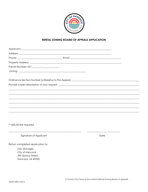 First page of the Rental Zoning Board of Appeals Application