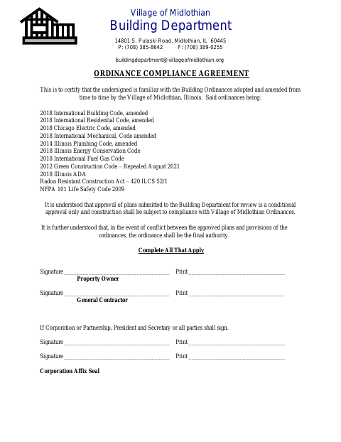 First page of the Ordinance Compliance Agreement