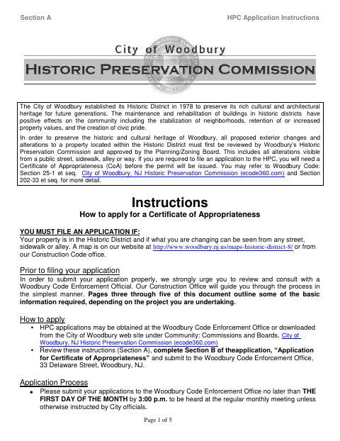 First page of the Application for Certificate of Appropriateness