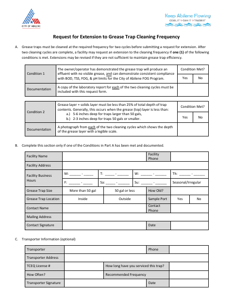 First page of the Request for Extension to Grease Trap Cleaning Frequency