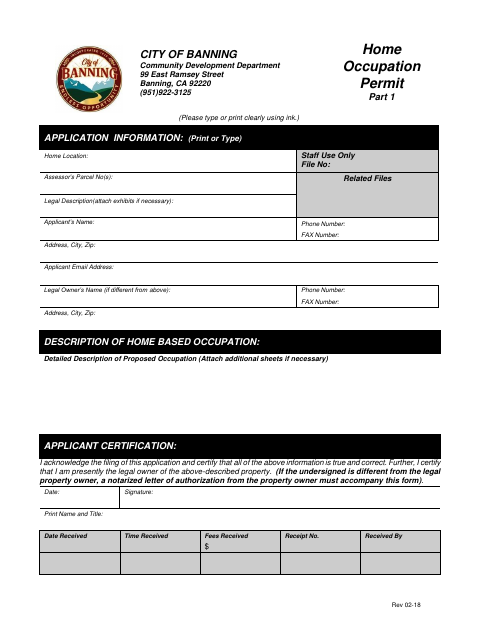 First page of the Home Occupation Permit