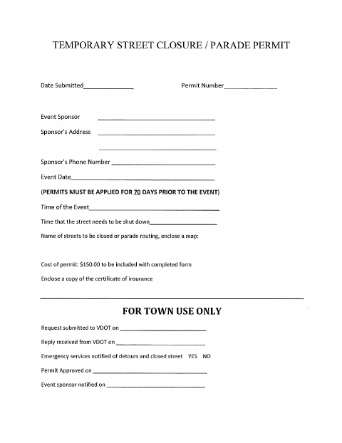 First page of the Temporary Street Closure / Parade Permit