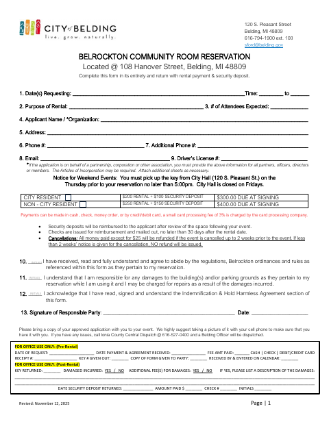 First page of the Belrockton Community Room Reservation
