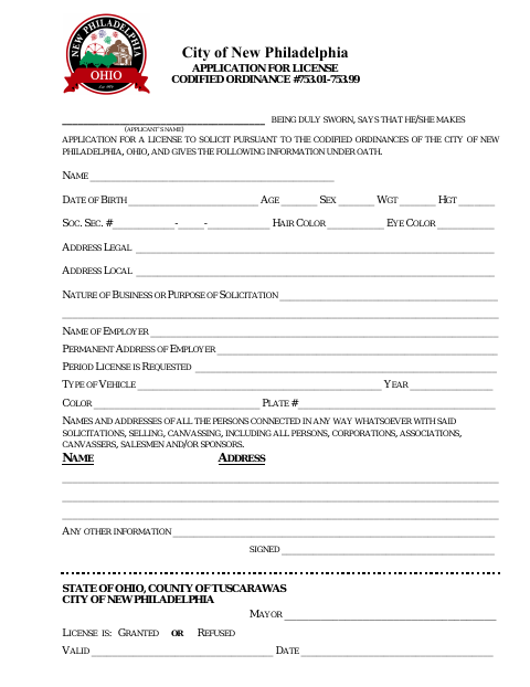 First page of the Application for License to Solicit