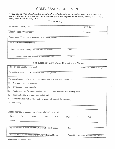 First page of the Commissary Agreement