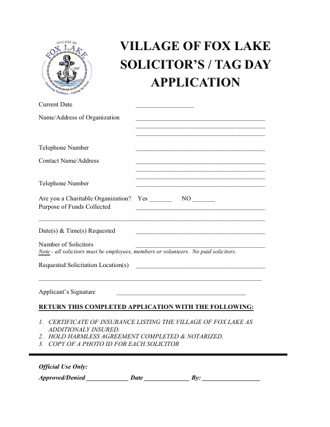 First page of the Solicitor’s / Tag Day Application