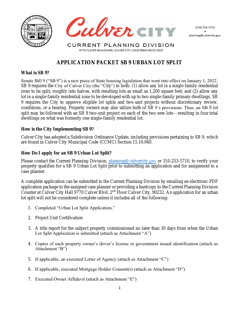 First page of the SB 9 Urban Lot Split Application Packet