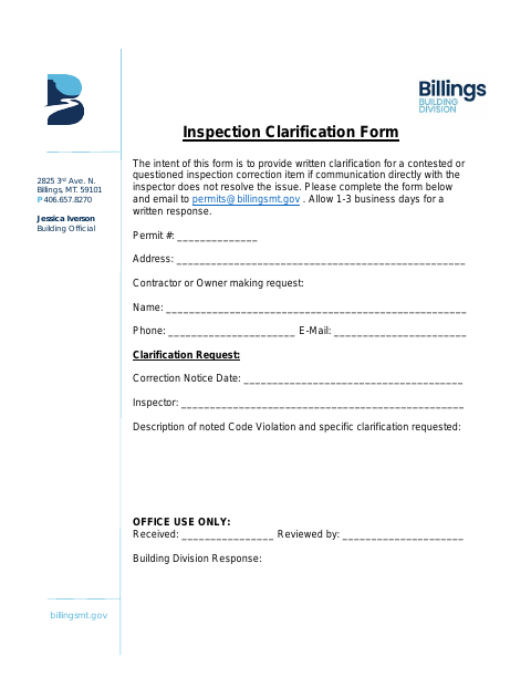 First page of the Inspection Clarification Form