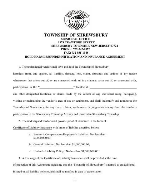 First page of the Hold Harmless/Indemnification and Insurance Agreement