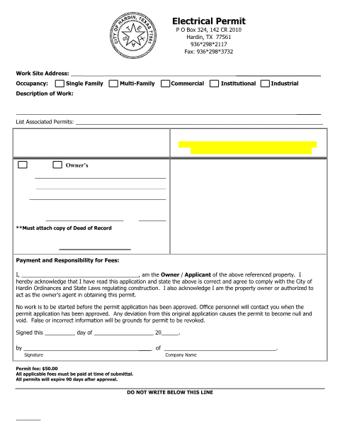 First page of the Electrical Permit Application