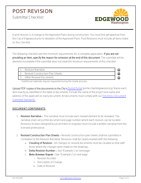 First page of the Post Revision Submittal Checklist