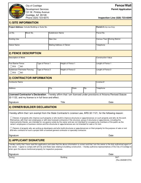 First page of the Fence/Wall Permit Application