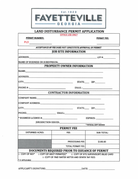 First page of the Land Disturbance Permit Application