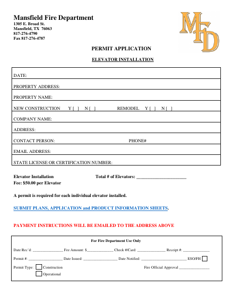 First page of the Elevator Installation Permit Application