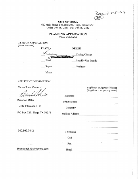 First page of the Preliminary Plat Application – Timber Creek