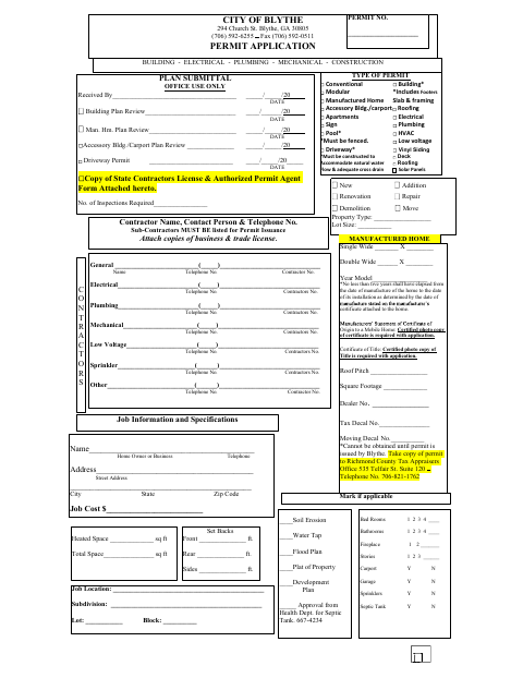 First page of the Building, Electrical, Plumbing, and Mechanical Permit Application