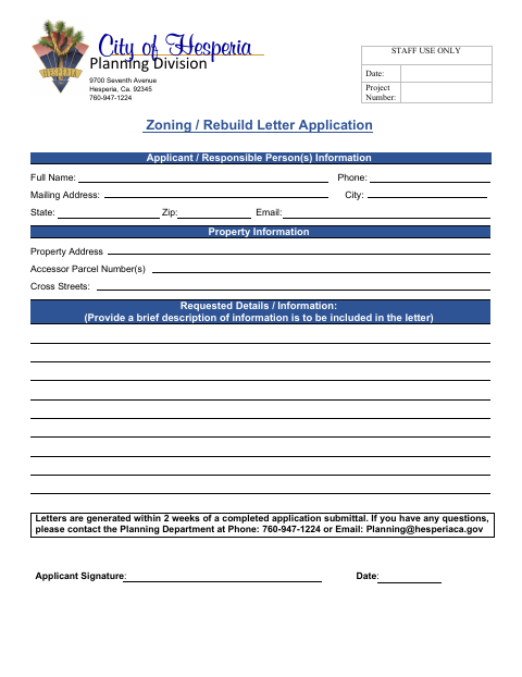 First page of the Zoning or Rebuild Letter Application