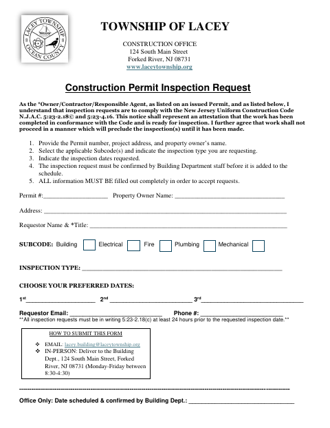 First page of the Construction Permit Inspection Request