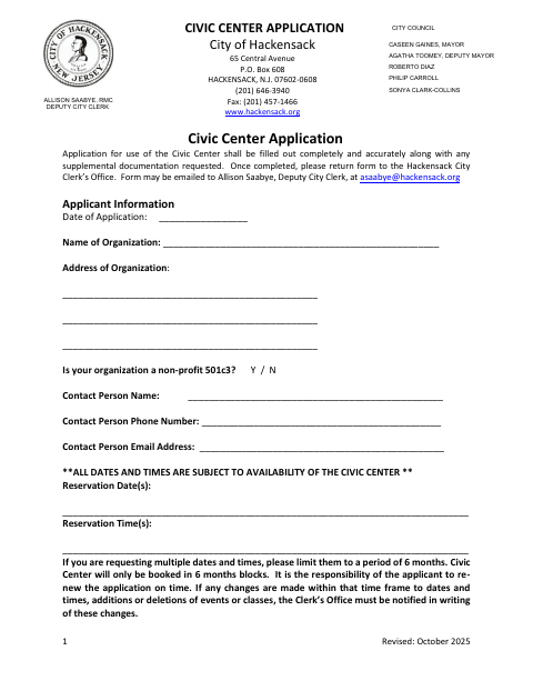 First page of the Civic Center Application