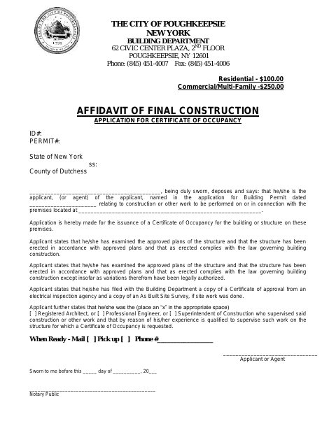 First page of the Affidavit of Final Construction Application for Certificate of Occupancy