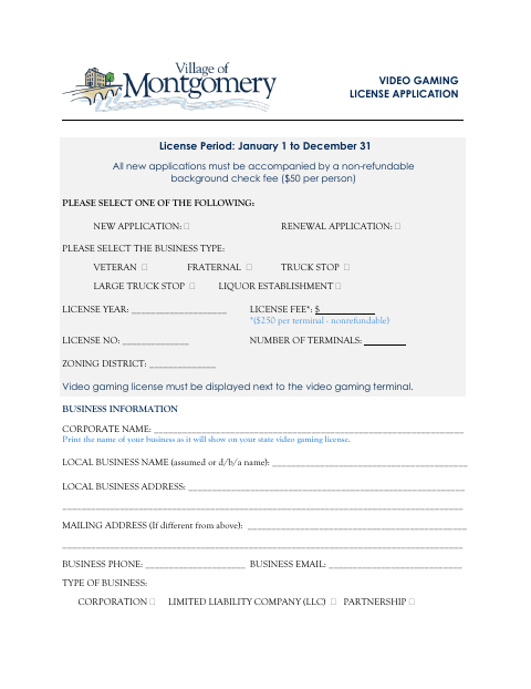 First page of the Video Gaming License Application