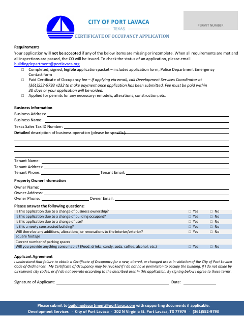 First page of the Certificate of Occupancy Application