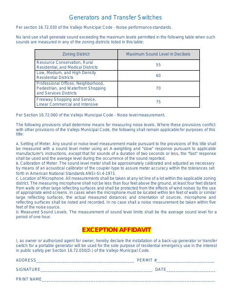 First page of the Generators Exception Affidavit