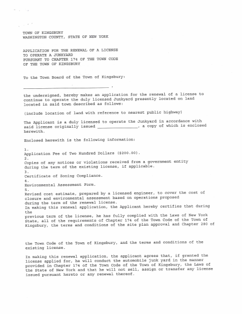 First page of the Junkyard License Renewal Application