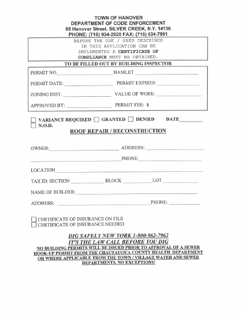 First page of the Roof Permit Application