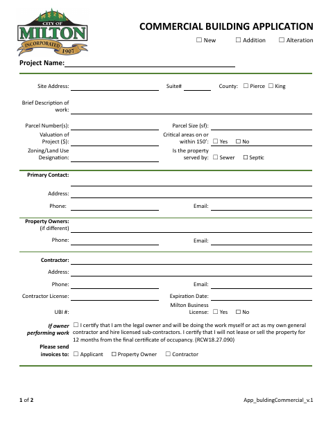First page of the Commercial Building Application