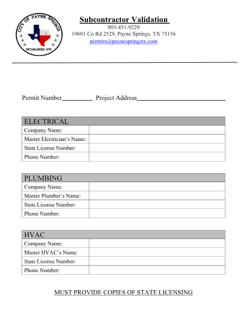 First page of the Subcontractor Validation Form